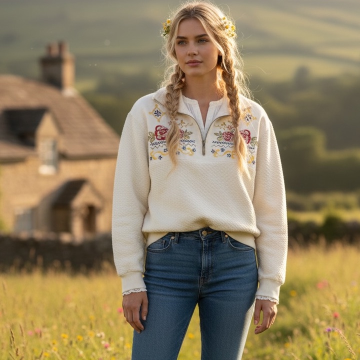 Y2k Cottagecore Emroidered Floral Quarter Zip Sweatshirt Coastal Cowgirl Boho